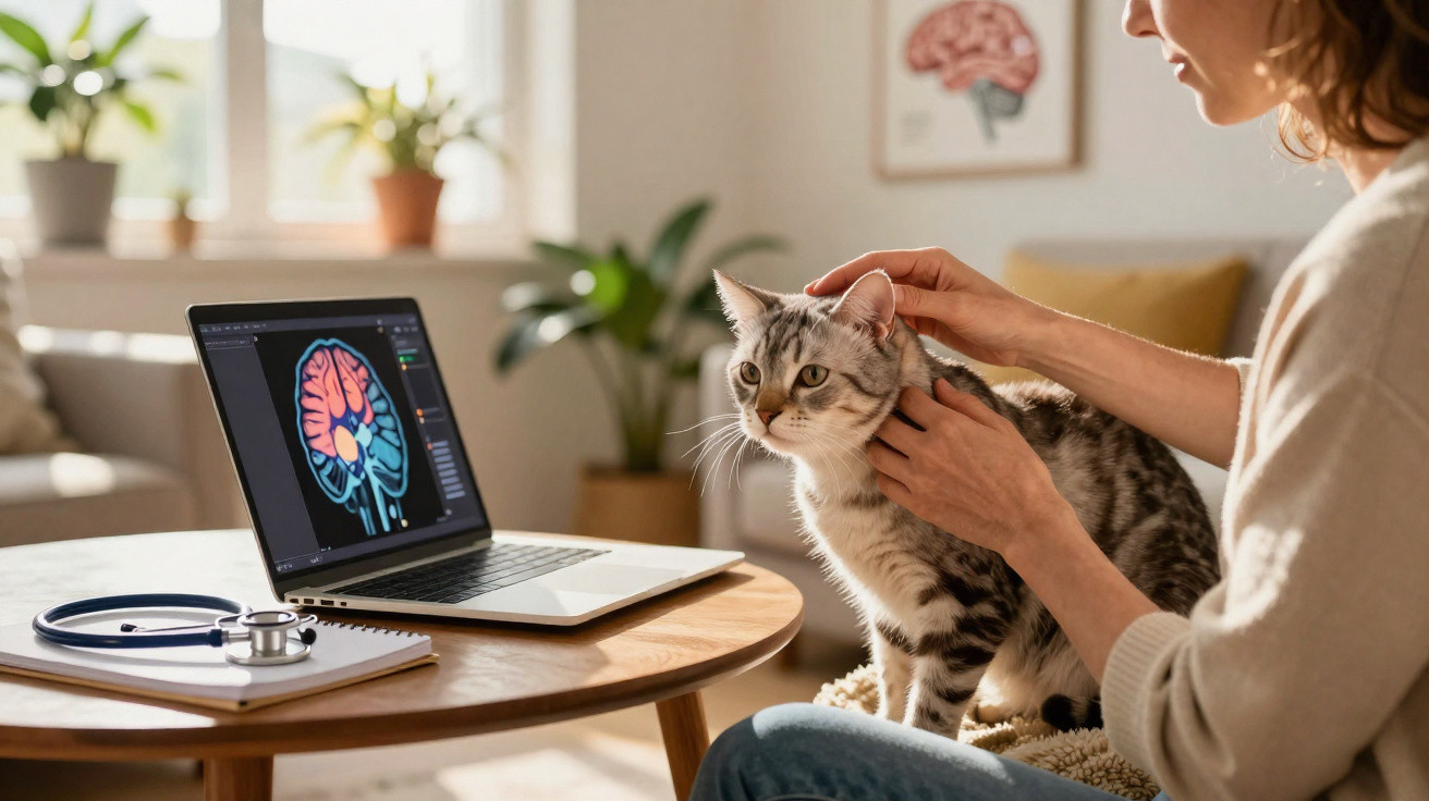 Pessoa a examinar gato enquanto no fundo há computador com imagem de cérebro e estetoscópio numa mesa.