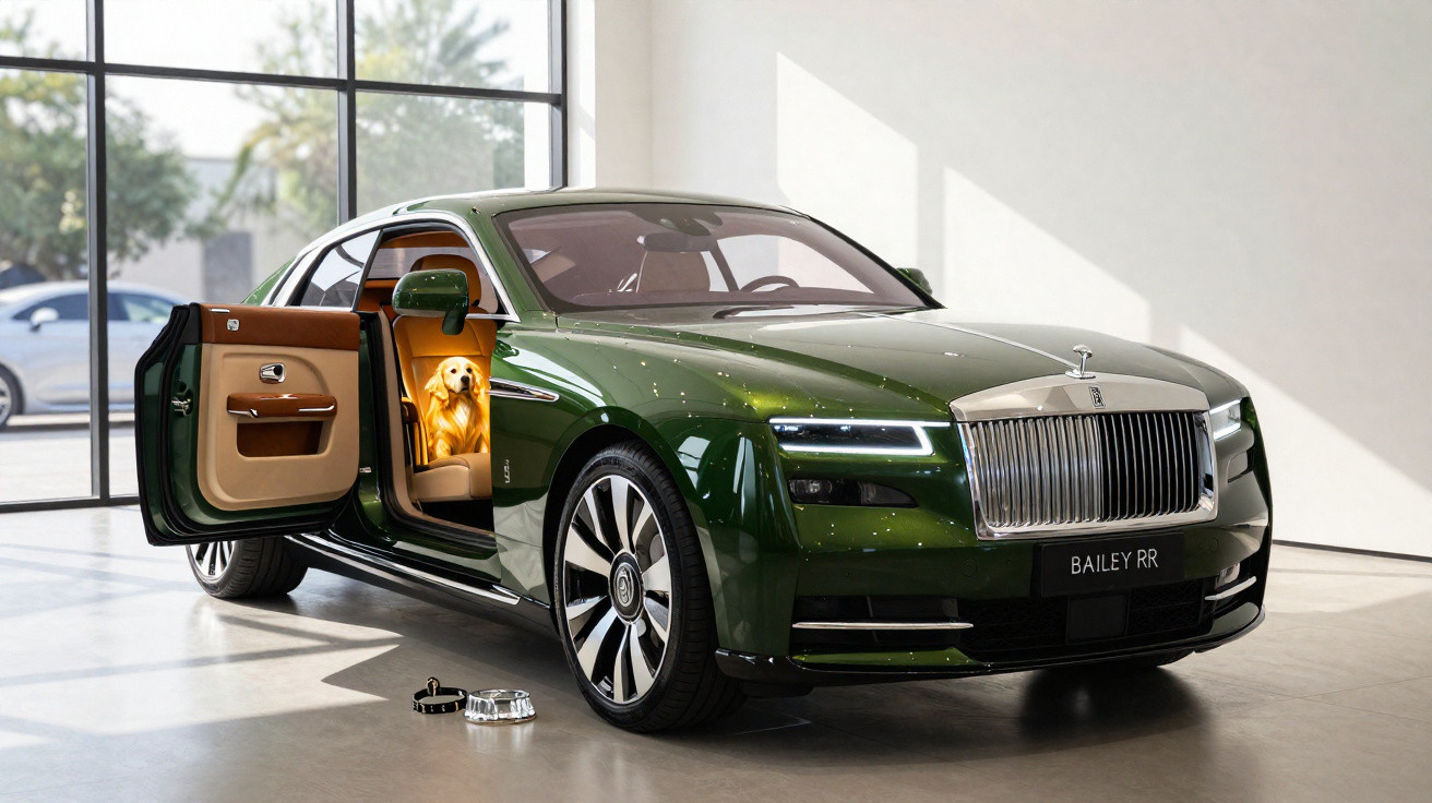 Carro de luxo verde com porta aberta e cão sentado no banco interior iluminado e dois tigelas no chão.