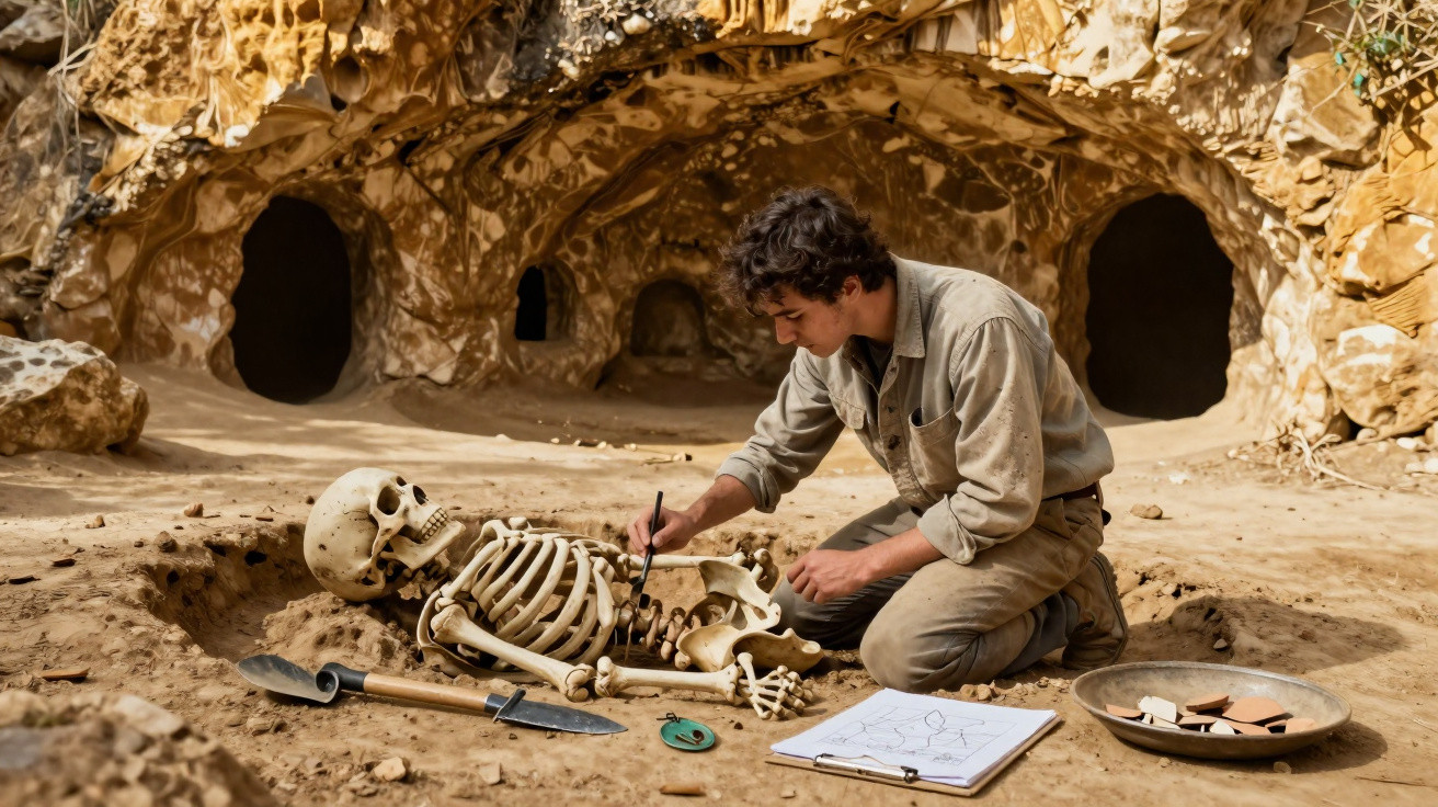Arqueólogo examina um esqueleto humano em escavação arqueológica perto de cavernas rochosas.