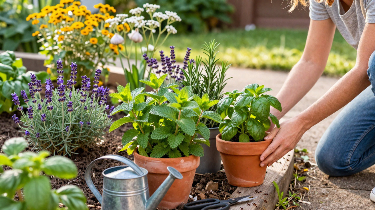 Pessoa a cuidar de plantas aromáticas em vasos num jardim, com regador e tesoura ao lado.