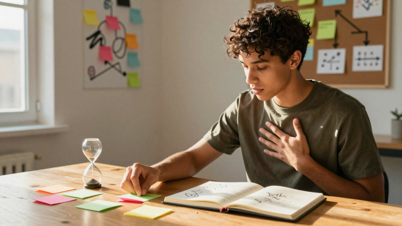 Jovem a estudar com caderno aberto e notas coloridas numa mesa, com ampulheta e parede decorada ao fundo.