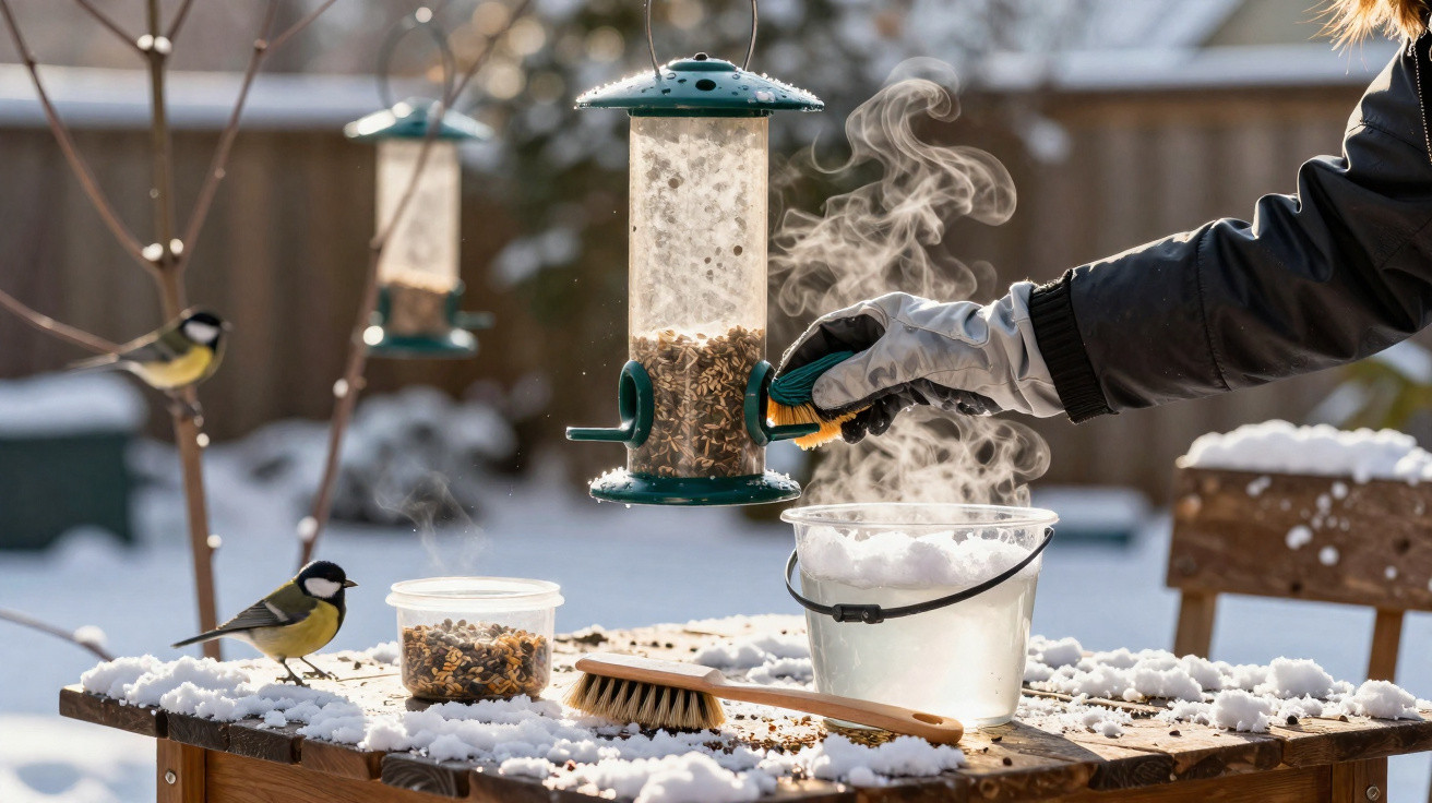 Mão com luva a encher alimentador de aves no inverno, pássaros e mesa com neve ao sol.