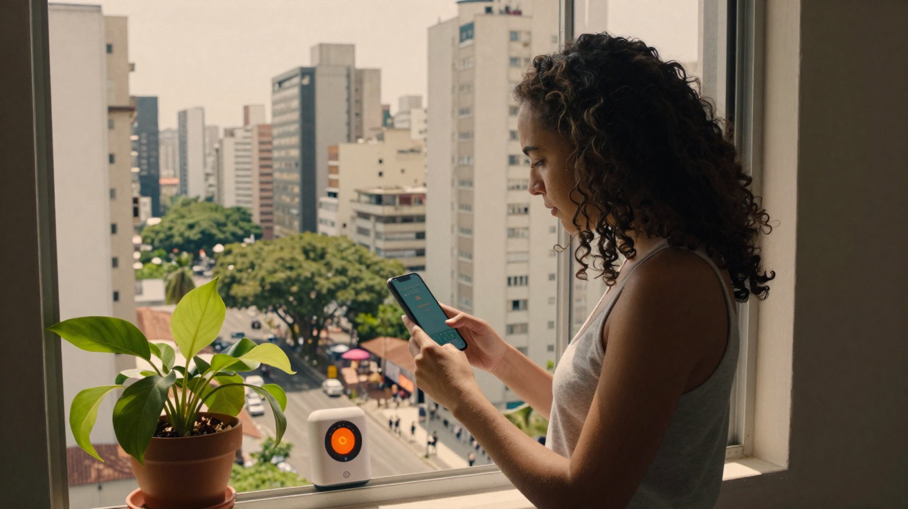 Mulher com vestido cinzento utiliza telemóvel junto a janela com vista urbana e planta em vaso.