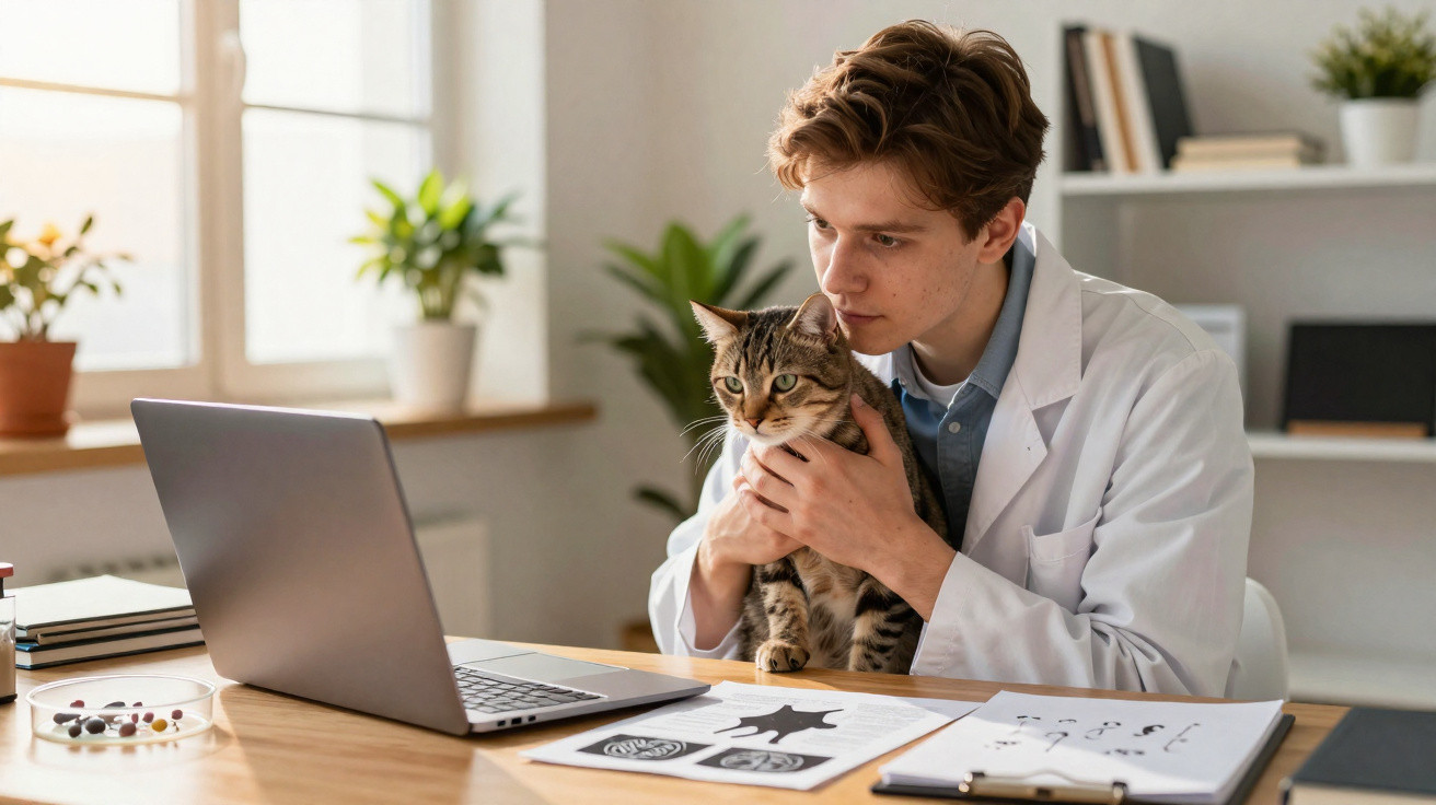 Veterinário jovem a segurar um gato enquanto trabalha no computador num consultório iluminado.
