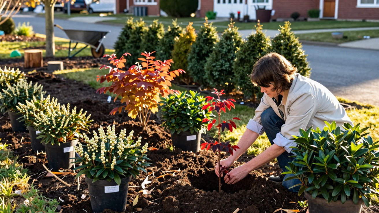 Pessoa adulta a plantar uma pequena planta com folhas vermelhas num jardim ensolarado.