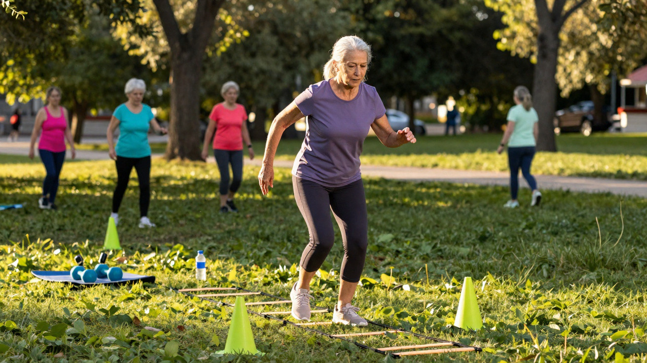 Grupo de mulheres séniores a fazer exercício físico ao ar livre num parque ensolarado.