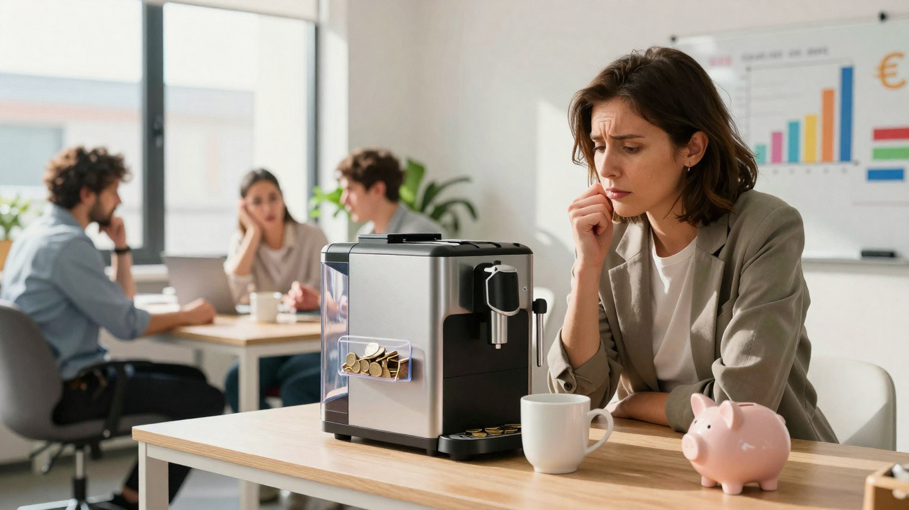 Mulher preocupada com moedas numa máquina de café, com colegas a discutir ao fundo numa sala de escritório.