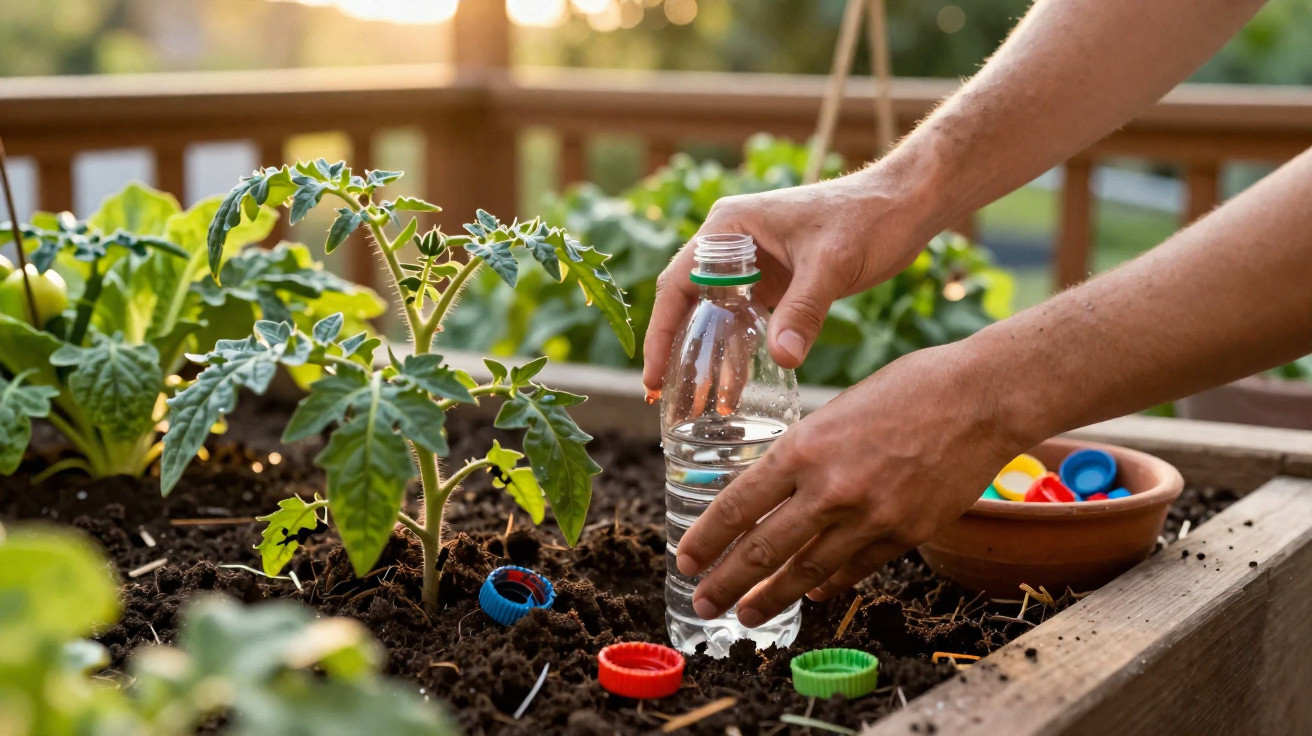 Mãos a regar planta jovem numa horta com garrafa de plástico e tampas coloridas à volta.