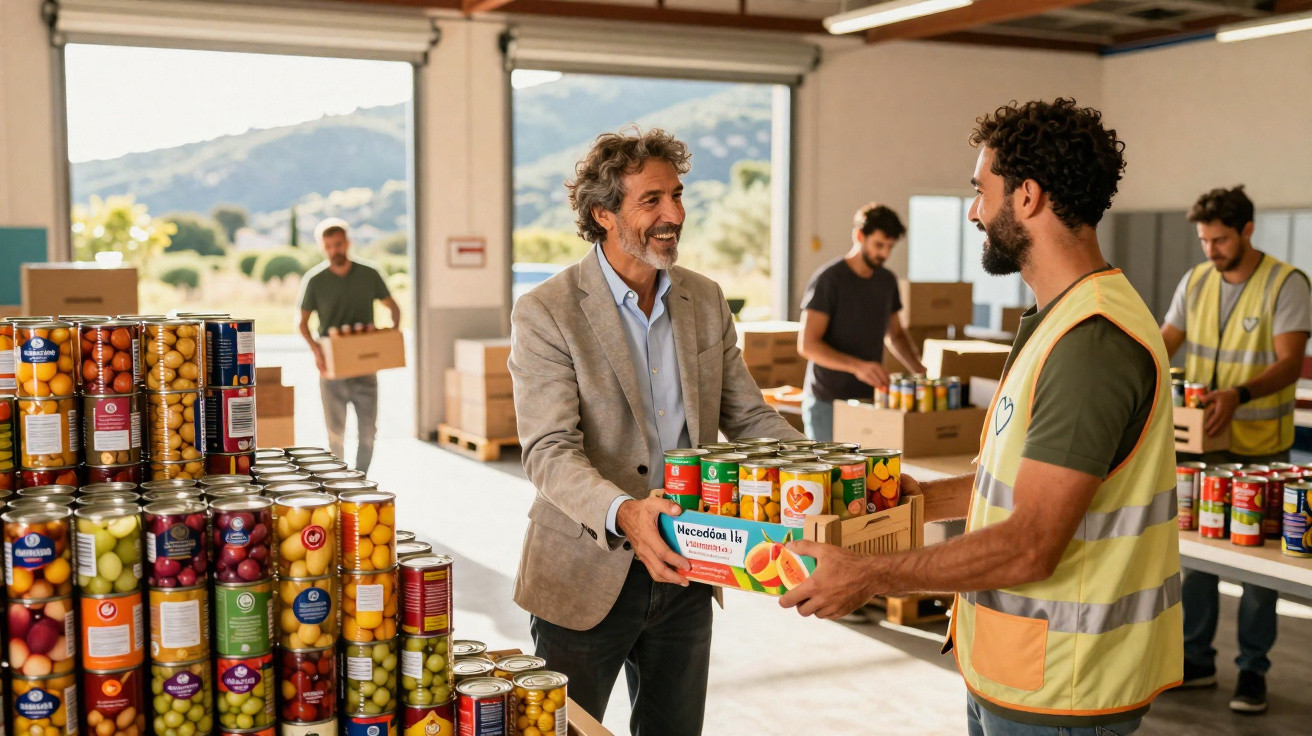 Homem entrega caixa com enlatados a voluntário em armazém com pilhas de alimentos e outras pessoas a trabalhar.