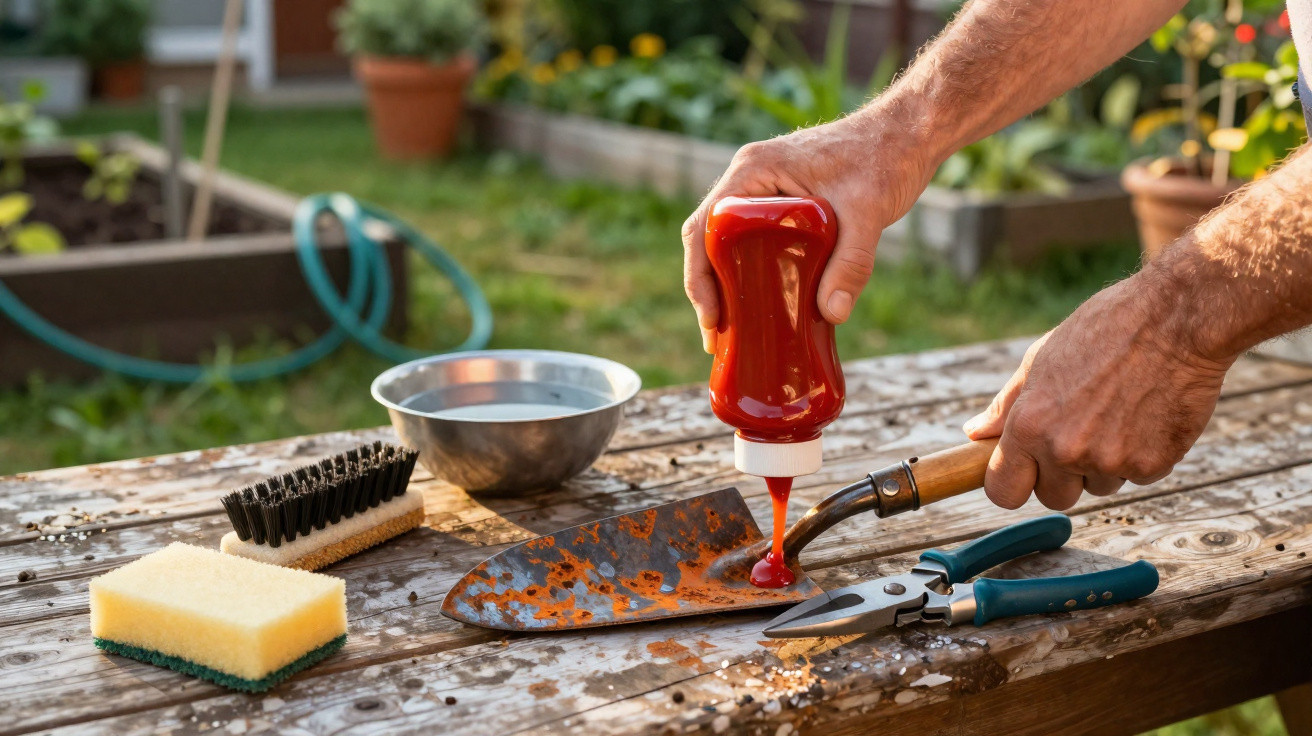 Pessoa a limpar uma colher de jardim enferrujada com ketchup numa mesa de madeira ao ar livre.