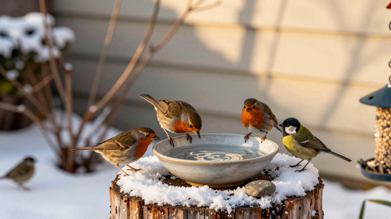Quatro pássaros, três com peito avermelhado, bebem água numa tigela sobre um tronco com neve.