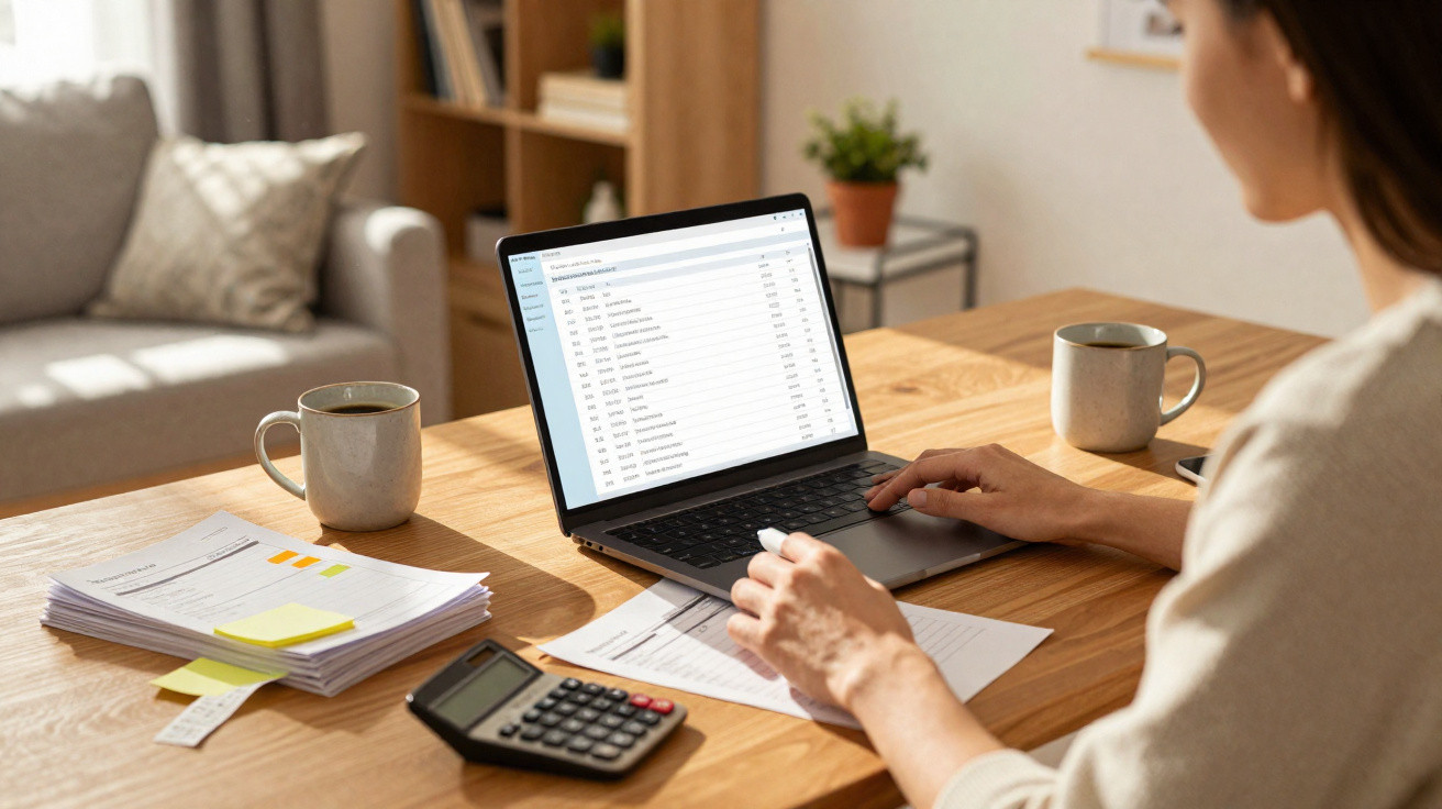 Pessoa a trabalhar num computador portátil, com calculadora, documentos e chá numa mesa de madeira.