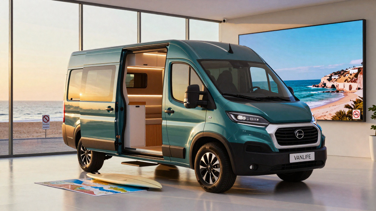 Carrinha verde Vanlife estacionada em espaço interior com porta lateral aberta e prancha de surf no chão.