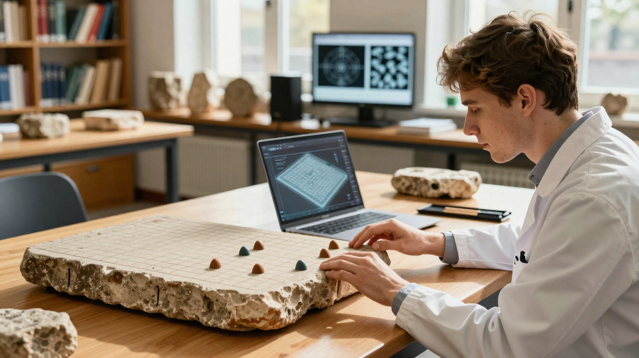 Jovem cientista estuda tabuleiro antigo em pedra com laptop e monitores na mesa de trabalho.