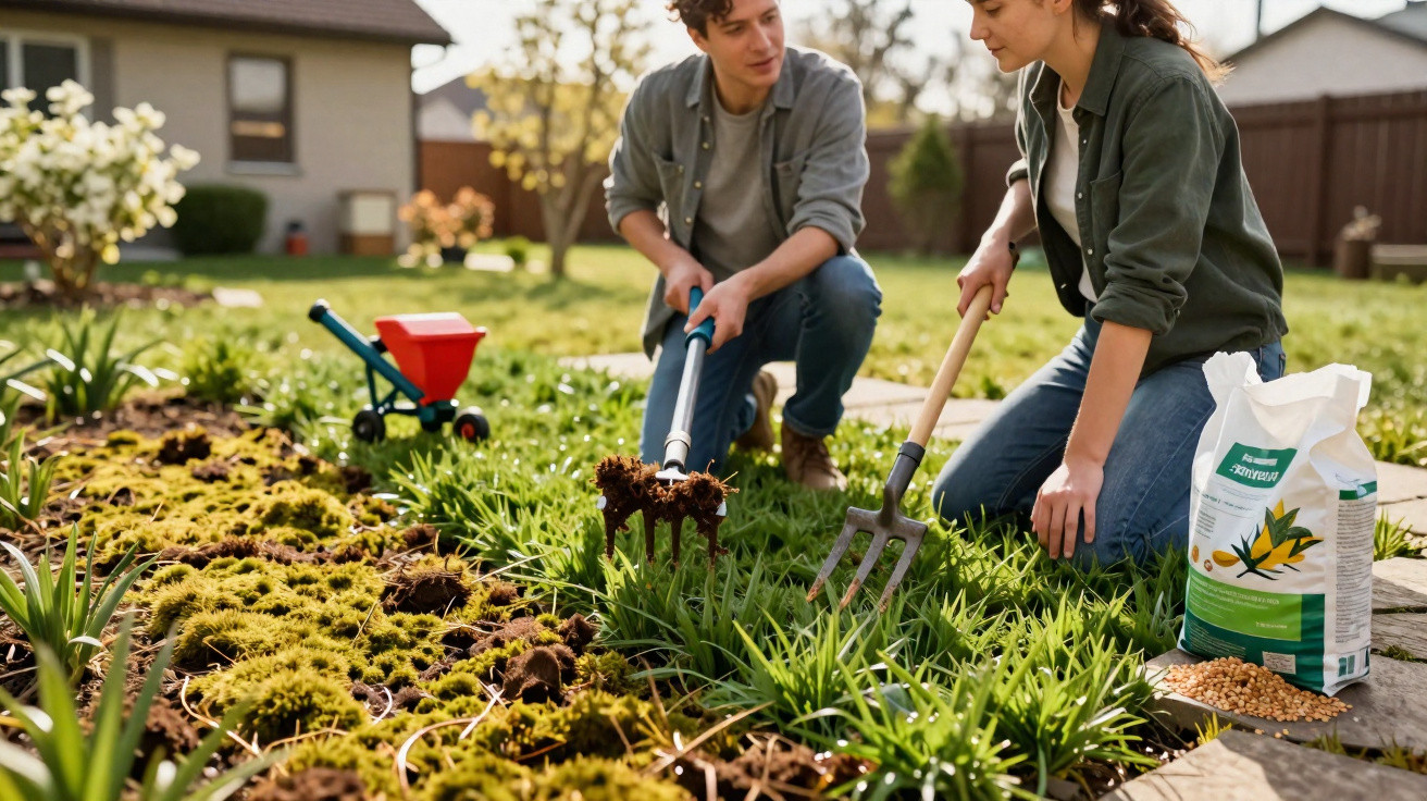 Duas pessoas a cuidar de um jardim, usando ferramentas de jardinagem e aplicando fertilizante no solo.