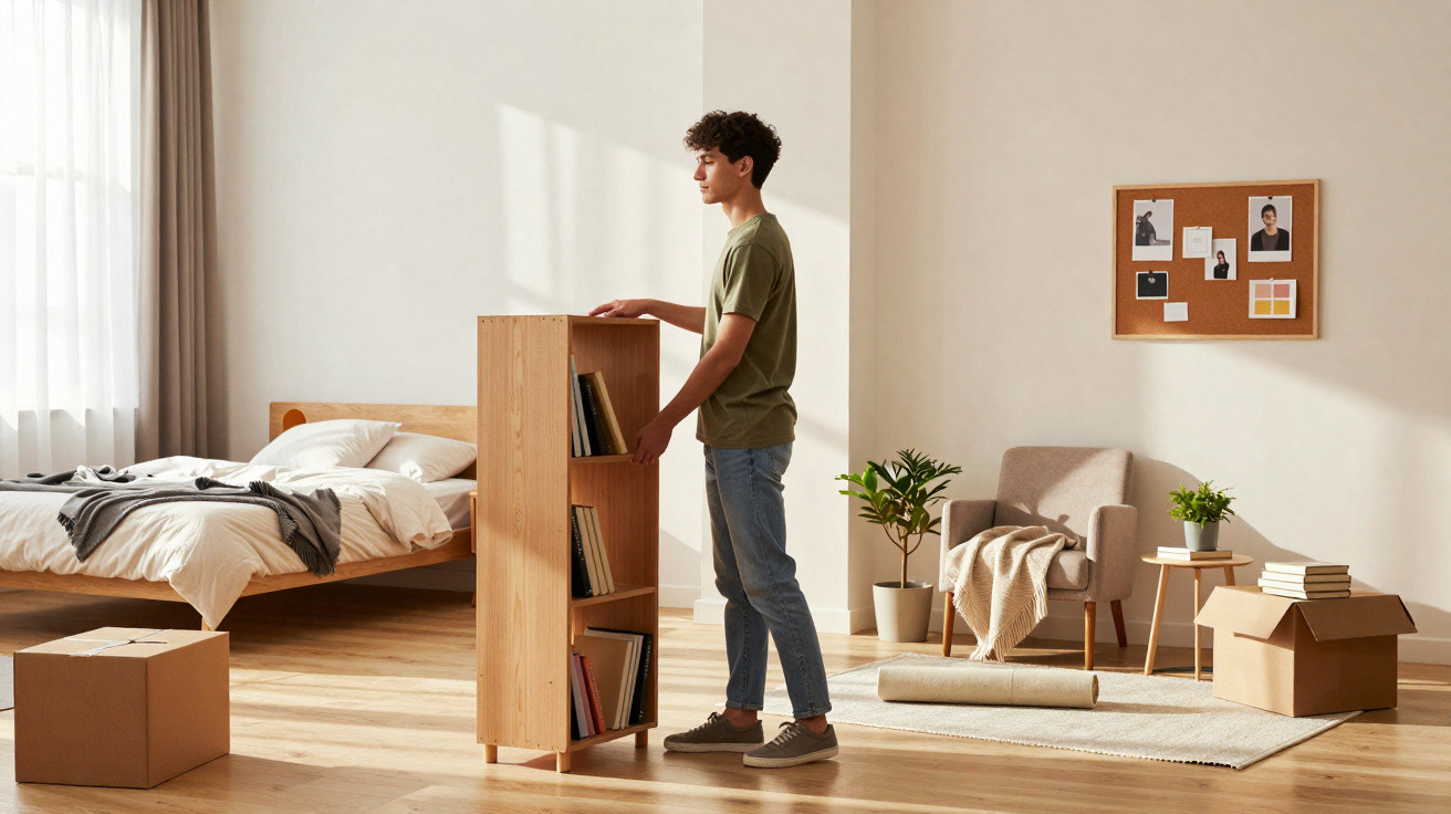 Homem a organizar estante de madeira numa quarto com mobiliário moderno e luz natural.