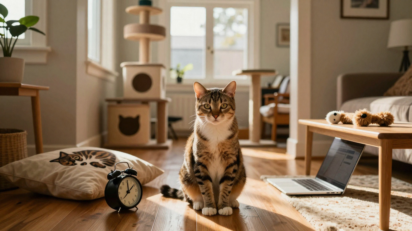 Gato tigrado sentado no chão de madeira com relógio, almofada com desenho de gato e portátil numa sala iluminada.