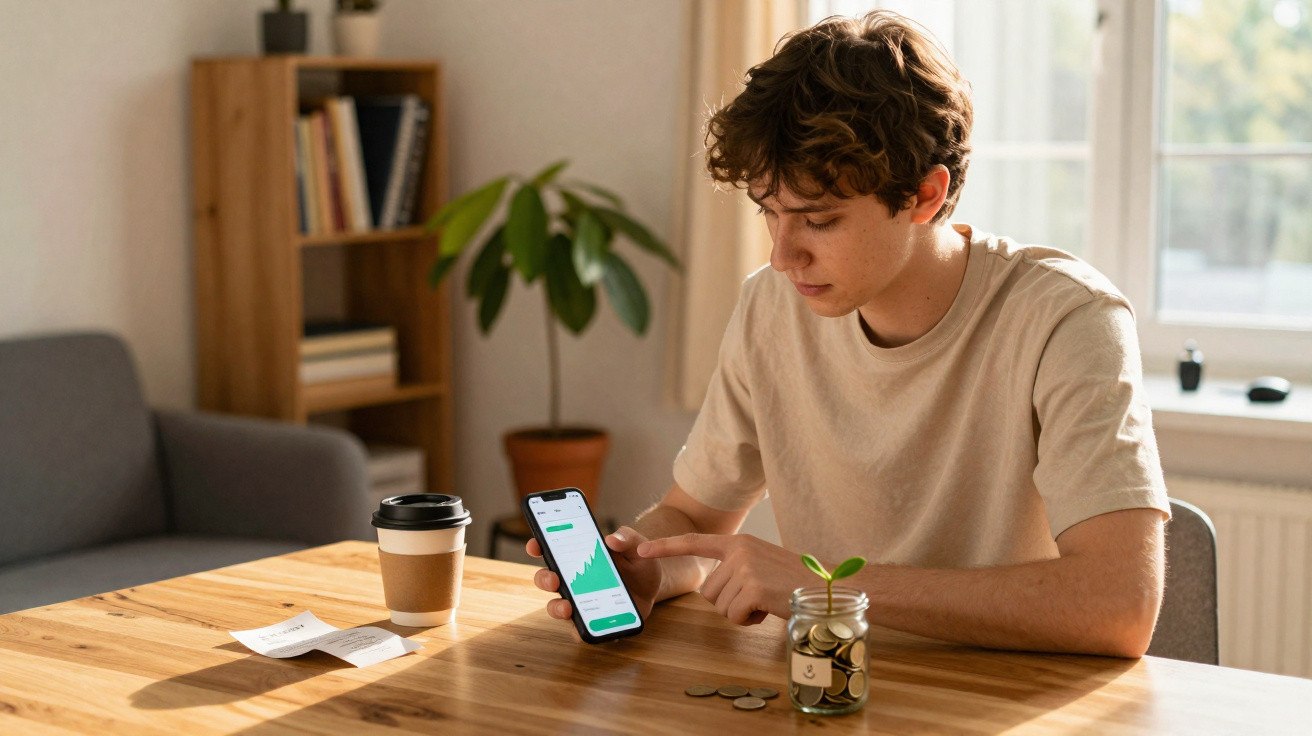 Jovem a consultar gráficos financeiros no telemóvel, sentado à mesa com jarro de moedas e café.