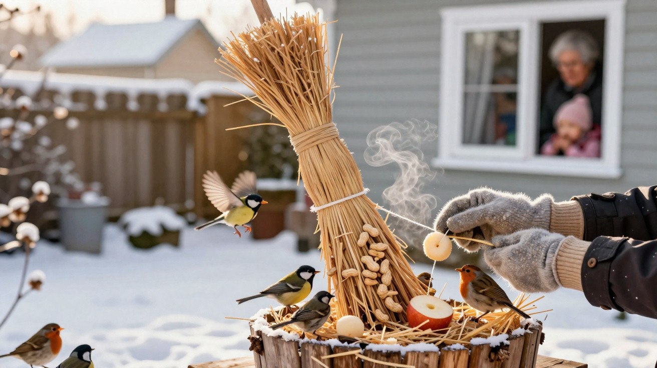Mãos com luvas colocam comida para pássaros numa estrutura de palha, com árvores e neve ao fundo.