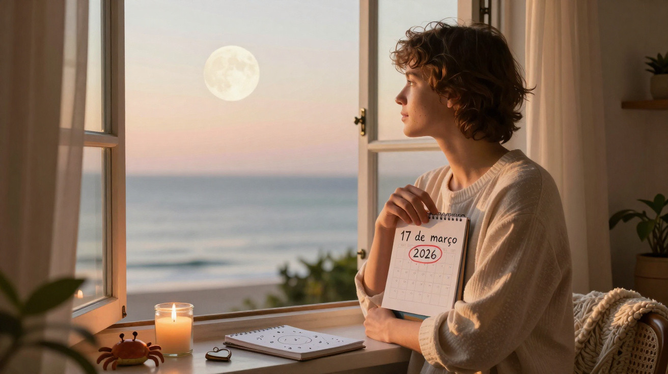 Pessoa sentada junto à janela aberta, segurando calendário com data 17 de março 2026 e lua visível no céu ao pôr do sol.