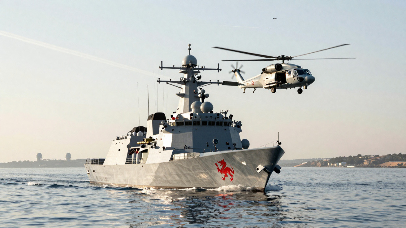 Navio de guerra cinza no mar com helicóptero militar a voar próximo, sob céu claro.