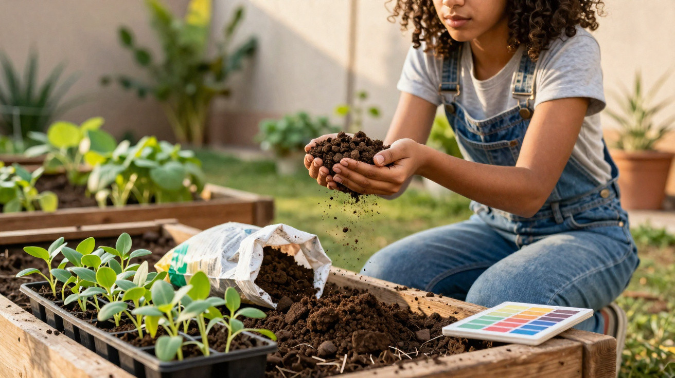 Jovem a preparar terra para plantar num canteiro com estacas de plantas verdes.