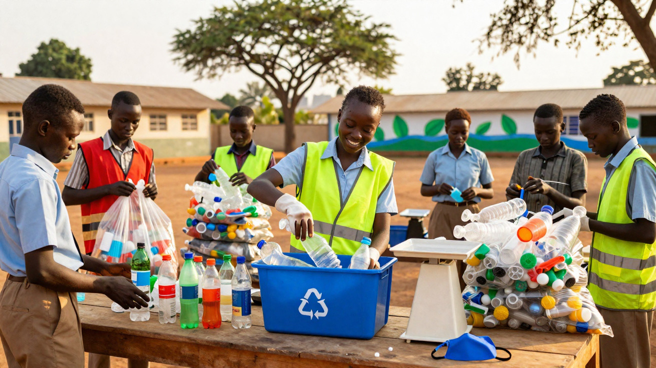 Crianças africanas em coletes de segurança a reciclar garrafas plásticas numa mesa ao ar livre.