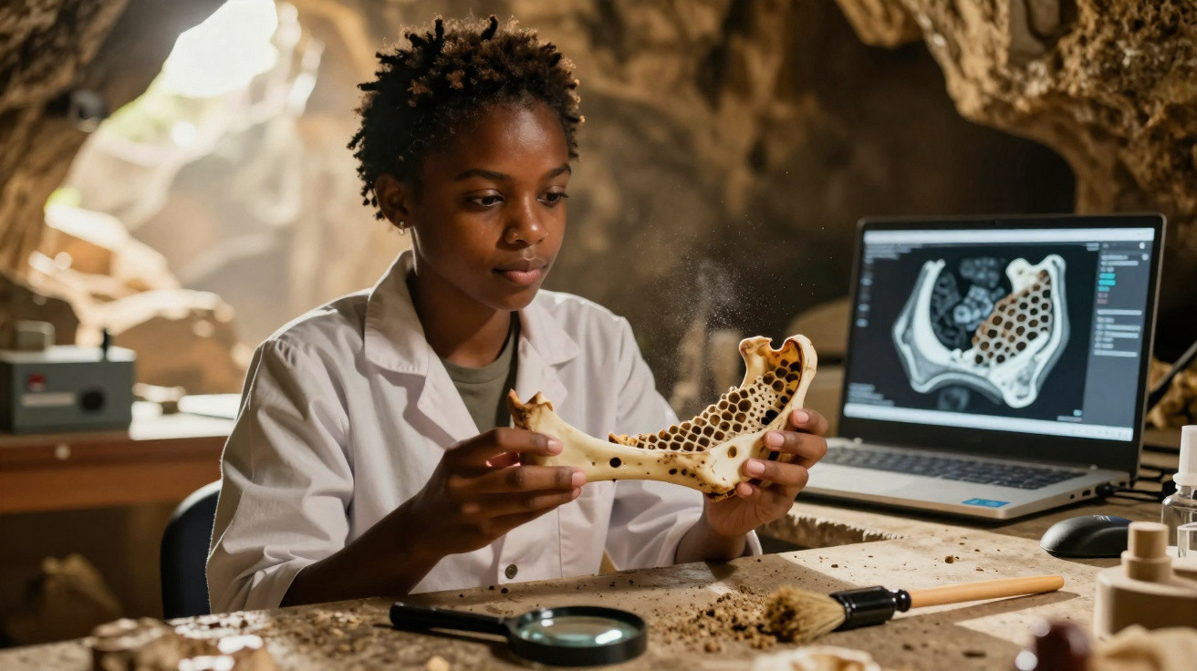 Mulher cientista a analisar um fóssil ósseo com microscopio e computador num laboratório.