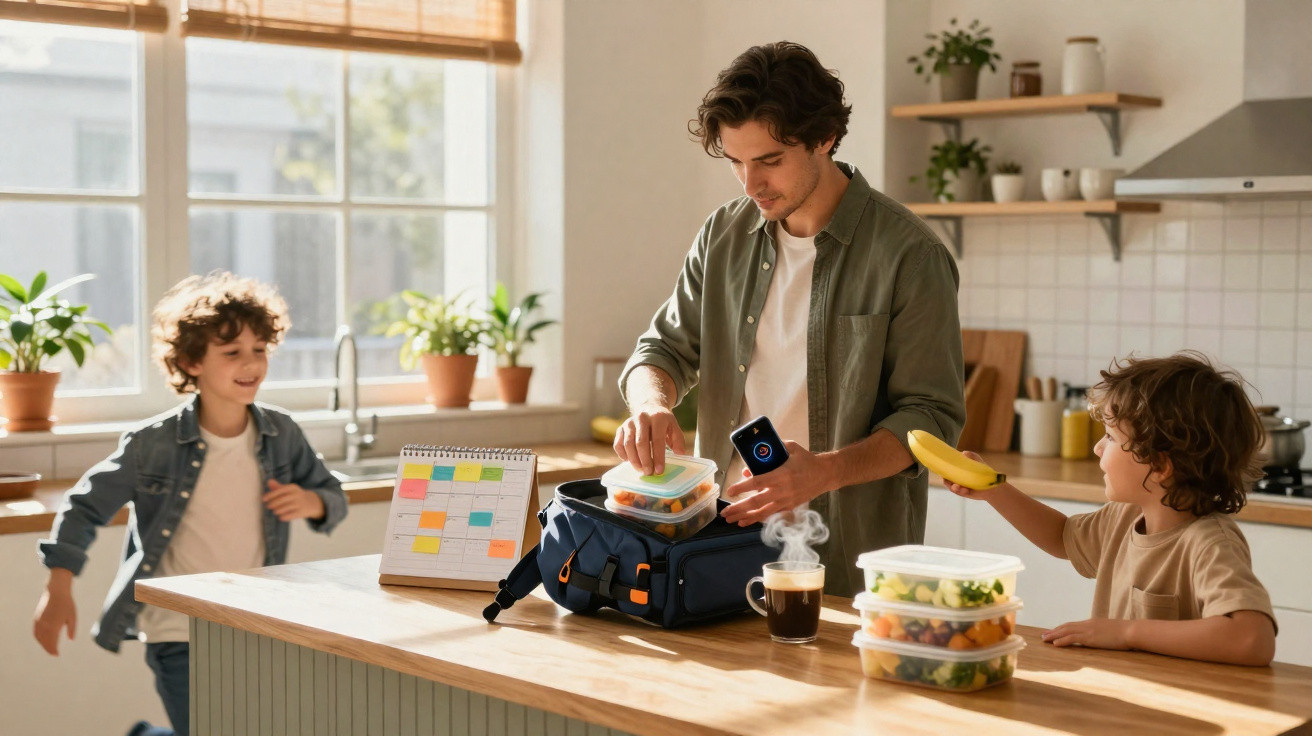 Pai a preparar a mochila com marmitas na cozinha enquanto os filhos brincam e seguram uma banana.