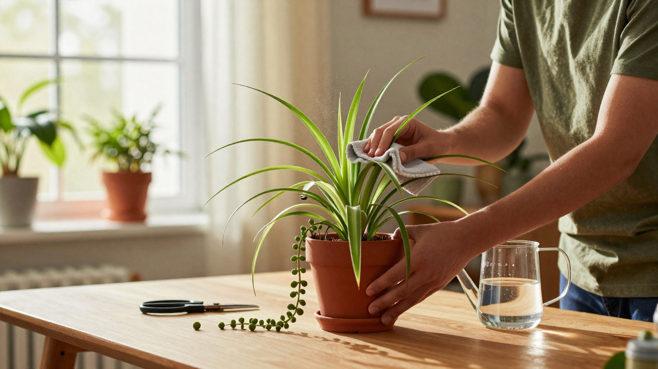 Pessoa a limpar folhagem de planta em vaso castanho sobre mesa de madeira com luz natural.
