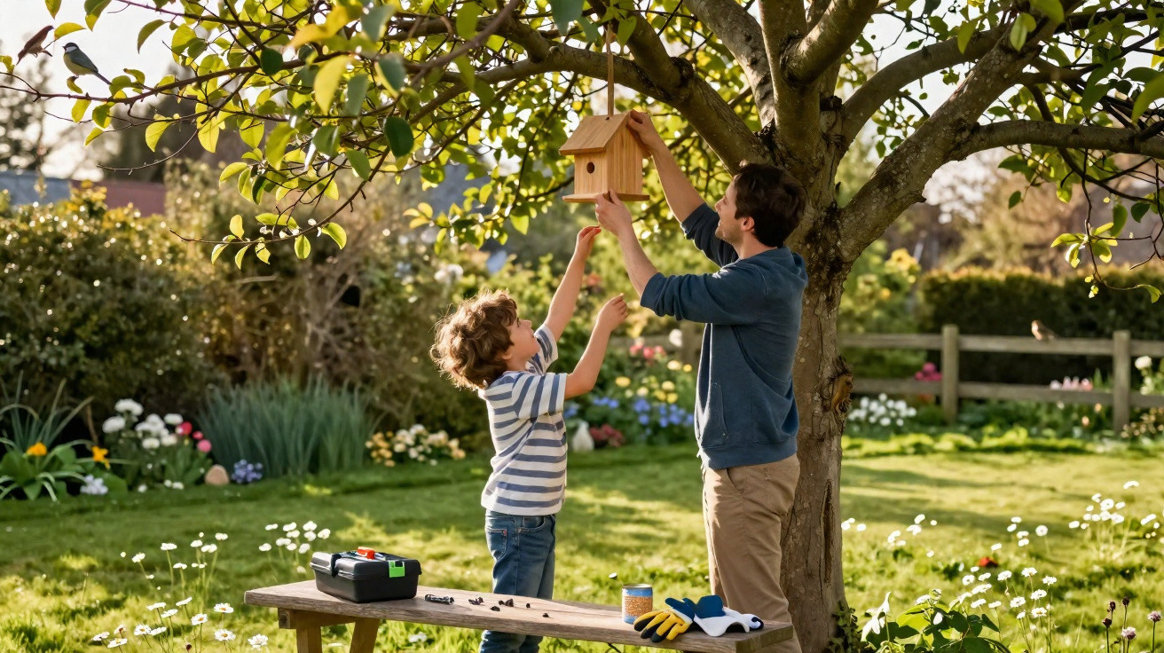 Pai e filho penduram um ninho de pássaros numa árvore num jardim ensolarado com flores e ferramentas.