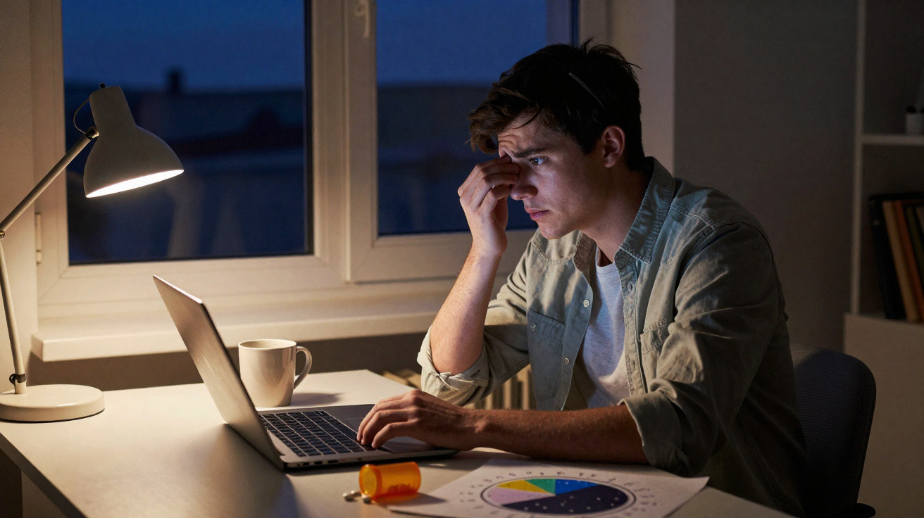 Jovem preocupado trabalha até tarde no computador, com uma perspetiva nocturna pela janela e medicamentos na mesa.