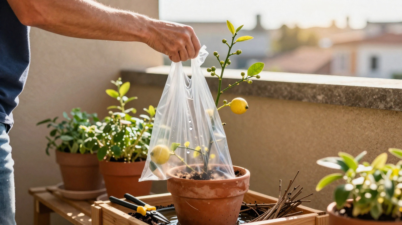 Pessoa a proteger uma planta de limão numa varanda usando um saco plástico transparente.