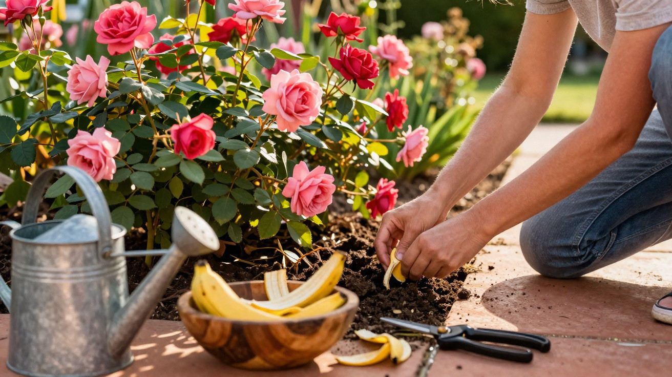Pessoa a plantar banana descascada no chão perto de rosas cor-de-rosa e vermelhas num jardim.