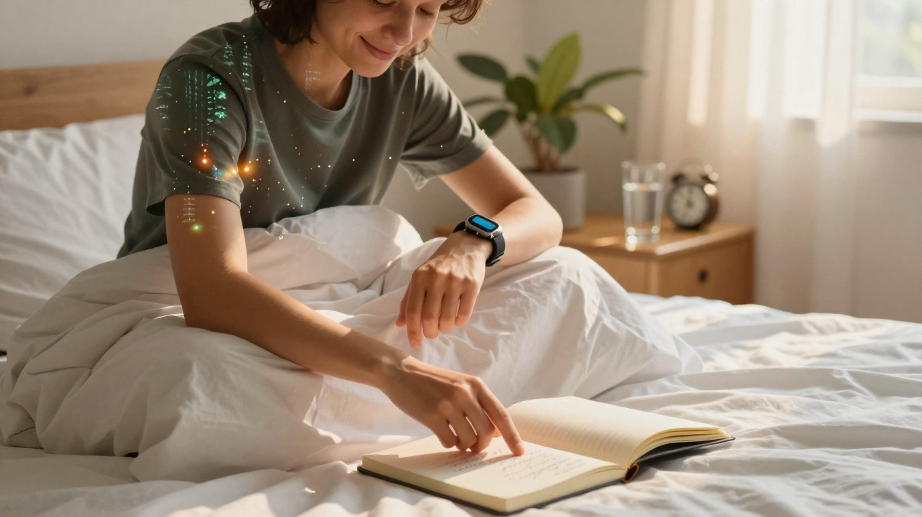 Mulher sorridente sentada na cama lê e aponta para um livro aberto numa manhã luminosa.