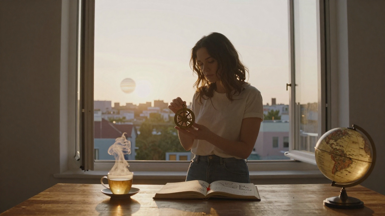 Mulher numa sala iluminada pelo pôr do sol segura um objeto antigo, com livro aberto, chá quente e globo terrestre.