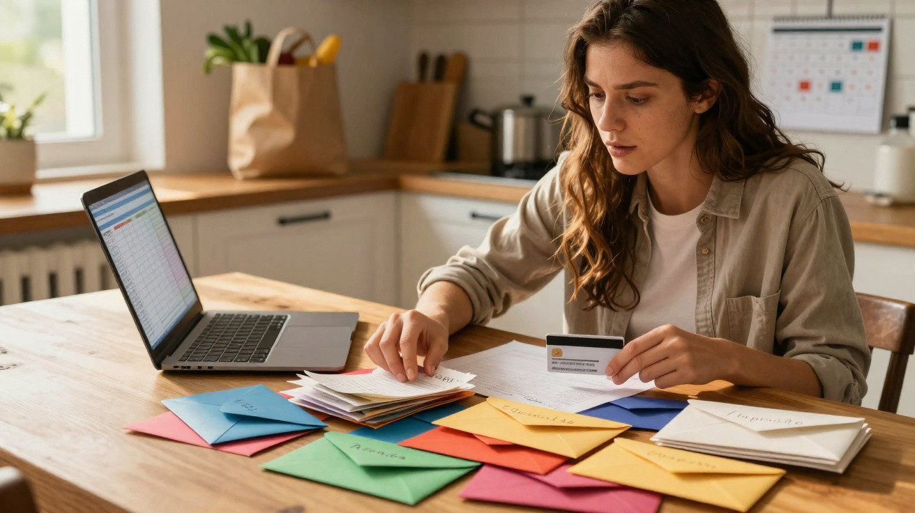 Mulher sentada numa cozinha a organizar cartas e a olhar para um cartão de crédito.