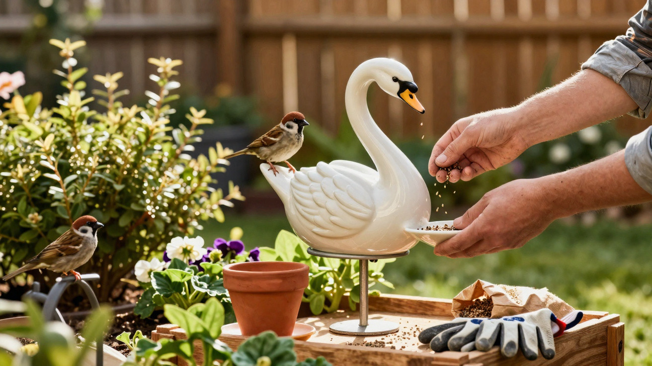 Pessoa a alimentar pássaros com dispénsador de comida em forma de cisne num jardim com flores e plantas.