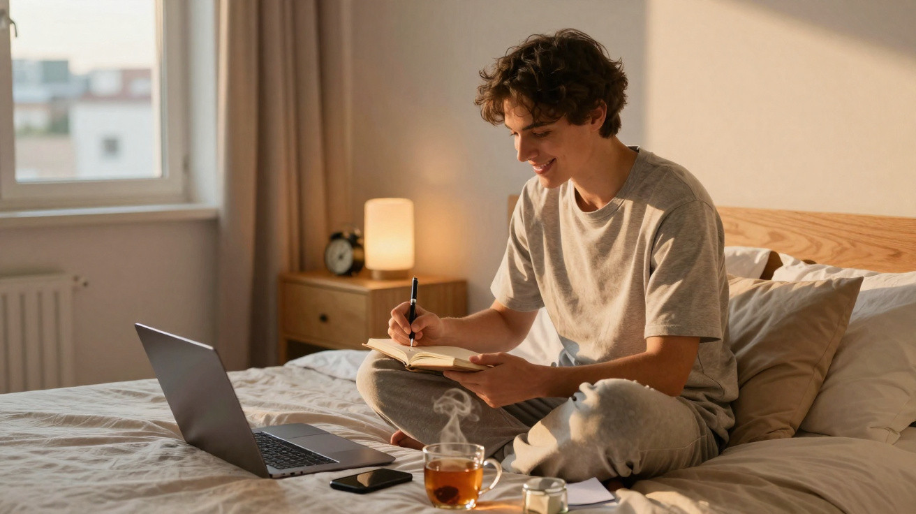 Jovem sentado na cama a escrever num caderno com portátil, chá e telemóvel à sua frente num quarto acolhedor.