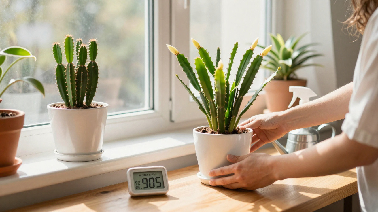 Mãos a cuidar de plantas em vaso junto à janela com luz natural e termómetro digital sobre a mesa de madeira.