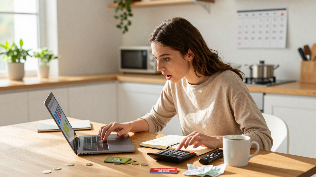 Mulher espantada a usar laptop e calculadora sentada na cozinha com objetos financeiros sobre a mesa.