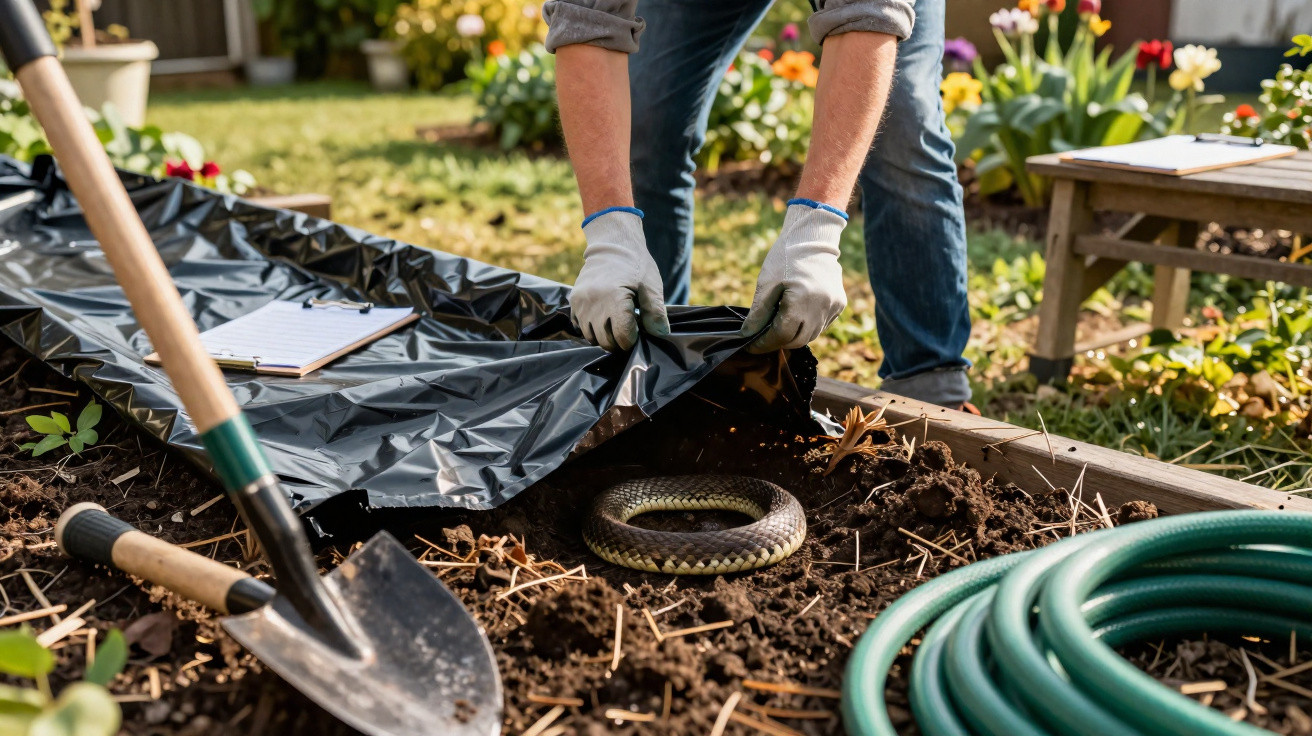 Pessoa a levantar plástico preto revelando uma cobra enrolada na terra de um jardim.
