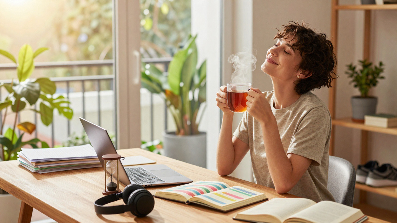 Pessoa relaxa a beber chá quente enquanto estuda num ambiente luminoso com plantas no interior.