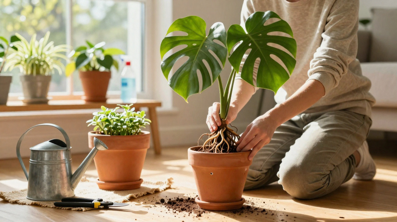 Pessoa a transplantar planta com folhas grandes num vaso de barro, com regador e terra espalhada no chão.