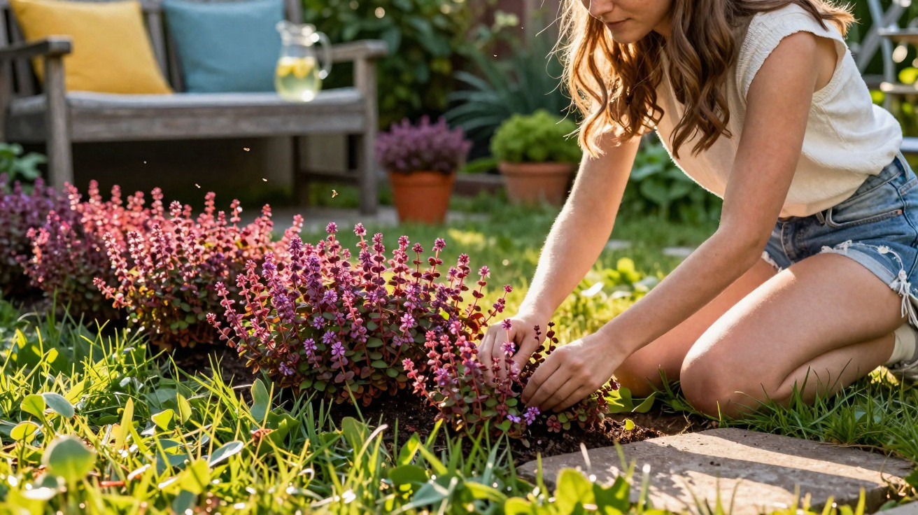 Mulher a cuidar de plantas com flores roxas num jardim ensolarado com banco ao fundo.