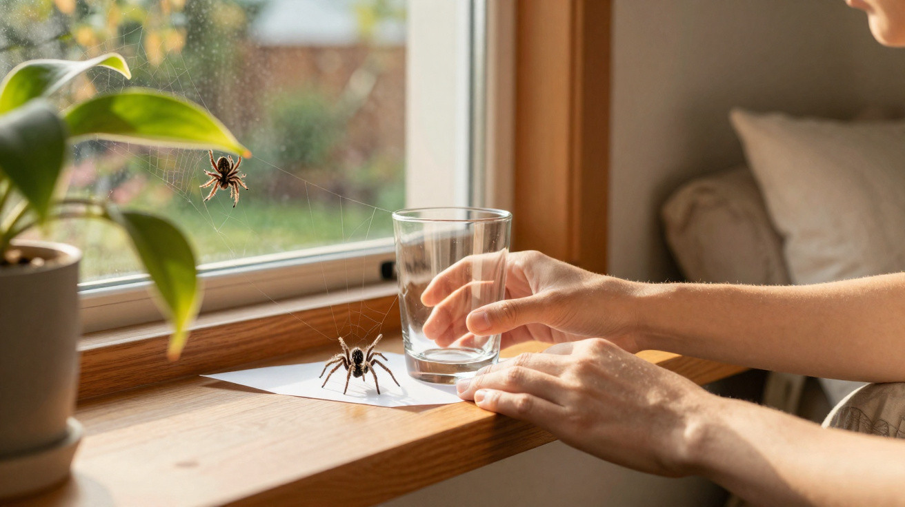 Pessoa a tentar apanhar aranha com copo de vidro numa janela com duas aranhas e planta.