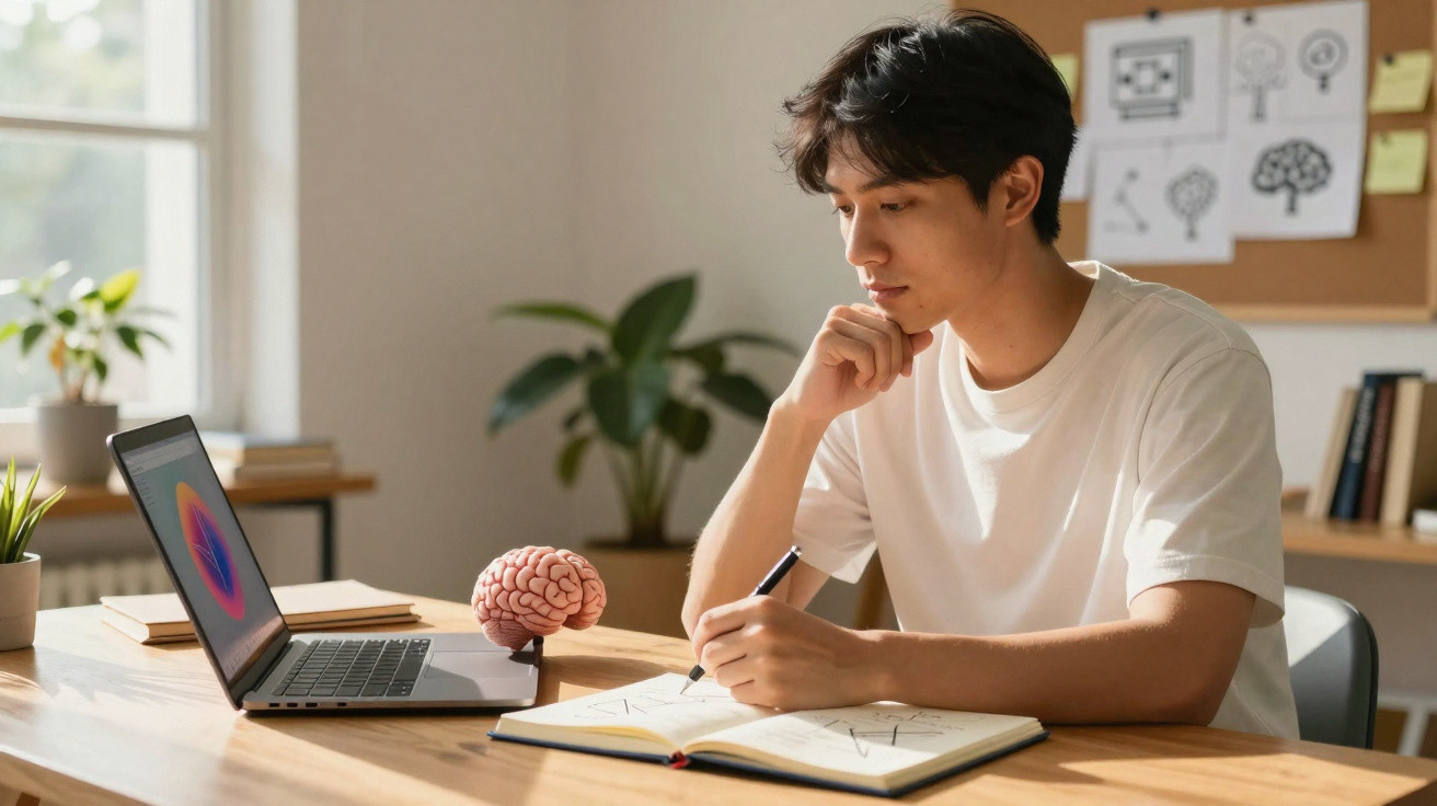 Jovem a estudar com caderno aberto e computador portátil numa mesa iluminada perto de uma janela.
