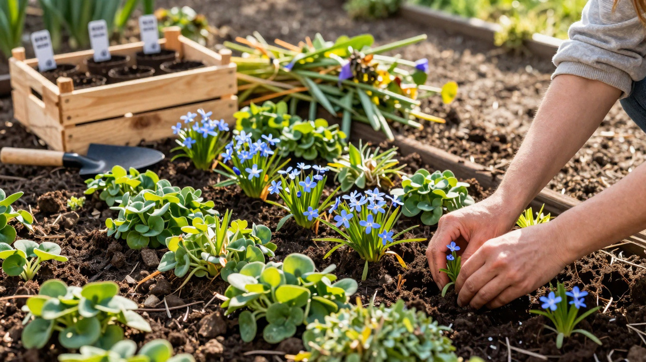 Mãos a plantar pequenas flores azuis num jardim com terra solta e caixa de mudas ao fundo.