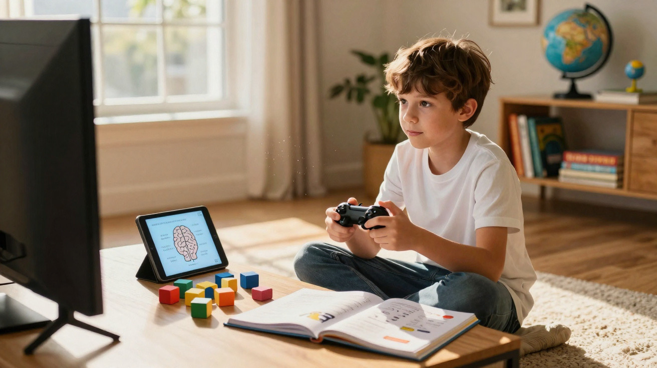 Menino sentado no chão, a jogar videojogos, com livro aberto, blocos coloridos e tablet com imagem do cérebro numa mesa baixa