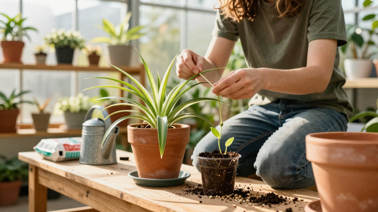 Pessoa a cuidar de plantas em vasos num espaço interior com luz natural e várias plantas ao fundo.